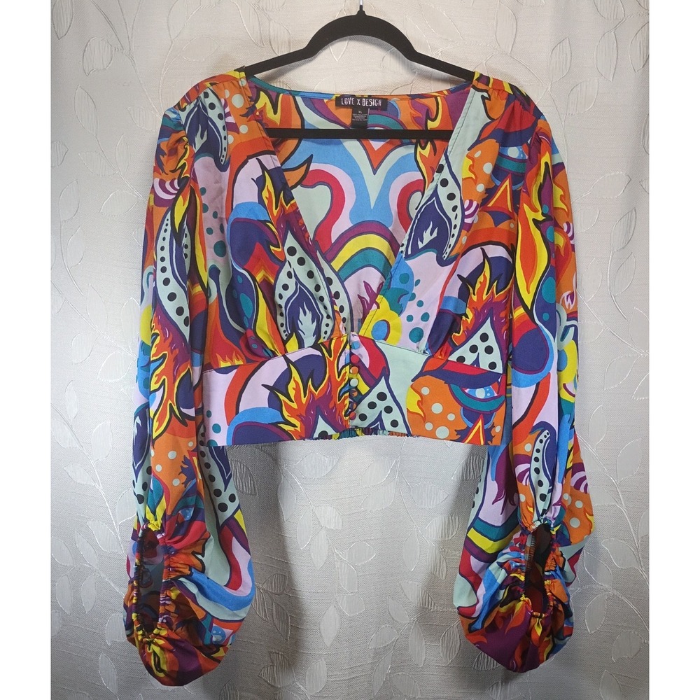 Love X Design Psychedelic Print Crop Top V-Neck Balloon Sleeve XL Multi-Color
